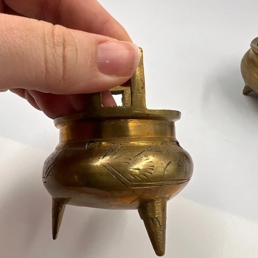 Vintage Chinese Cast‎ Brass Miniature Incense Burners Censer Pair Tripod Handled